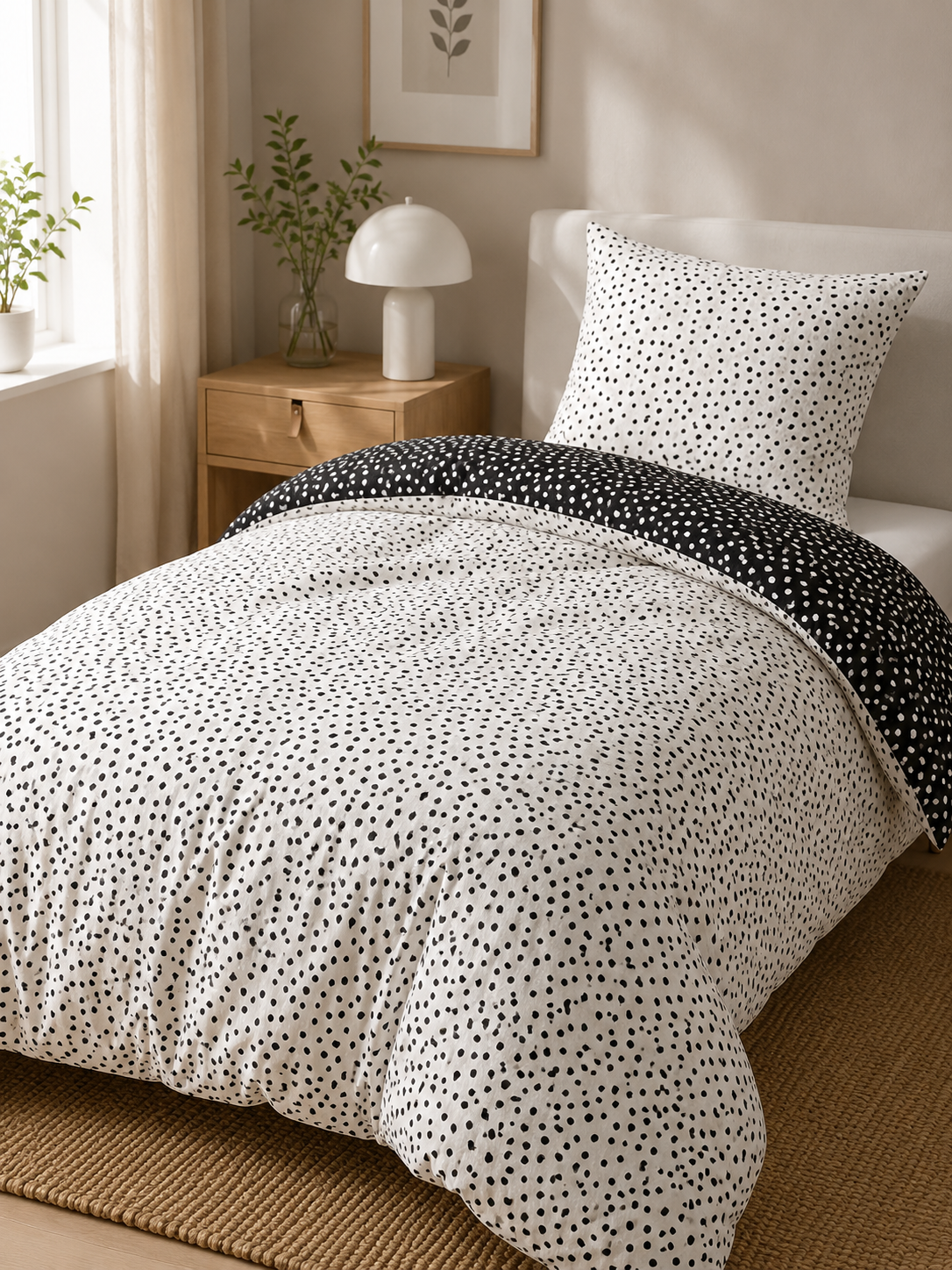 Пододеяльник и наволочка IKEA BJORKGRAMAL , черный белый / в горошек, 150×200 / 50×60 см